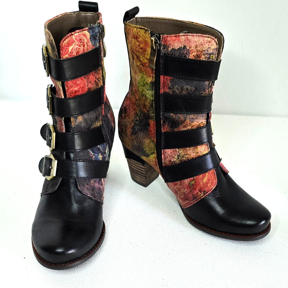Black Multi-Color Leather Buckle Ankle Boots